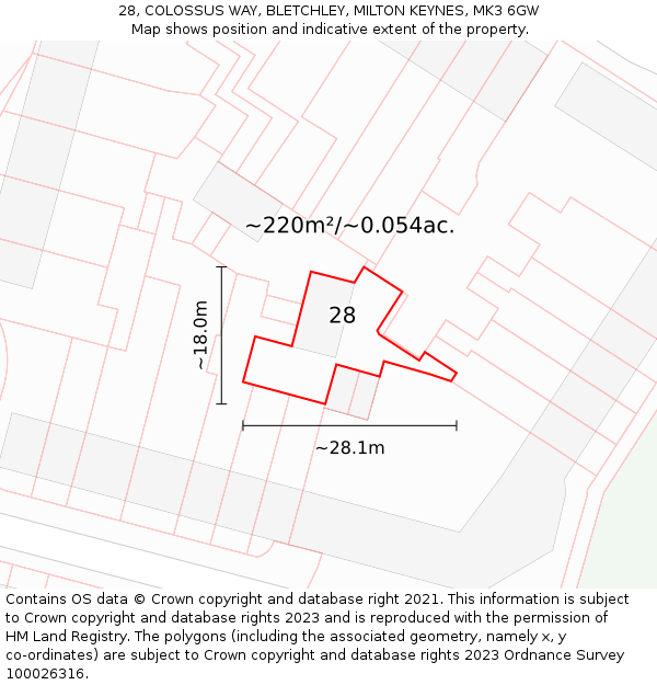 28, COLOSSUS WAY, BLETCHLEY, MILTON KEYNES, MK3 6GW: Plot and title map