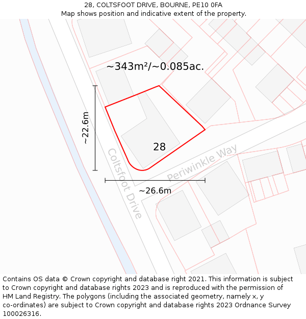 28, COLTSFOOT DRIVE, BOURNE, PE10 0FA: Plot and title map