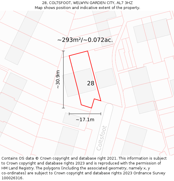 28, COLTSFOOT, WELWYN GARDEN CITY, AL7 3HZ: Plot and title map