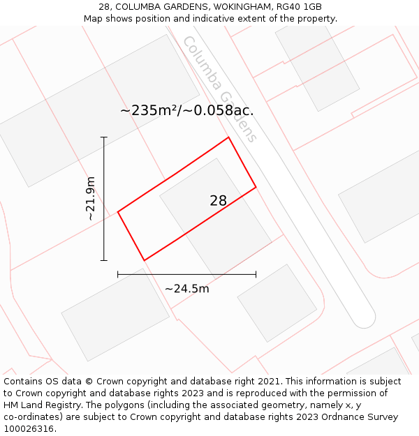 28, COLUMBA GARDENS, WOKINGHAM, RG40 1GB: Plot and title map