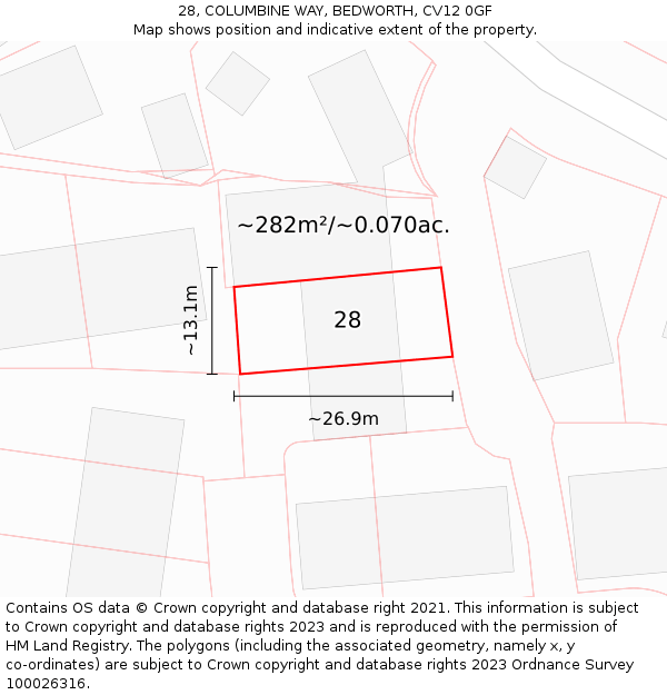 28, COLUMBINE WAY, BEDWORTH, CV12 0GF: Plot and title map