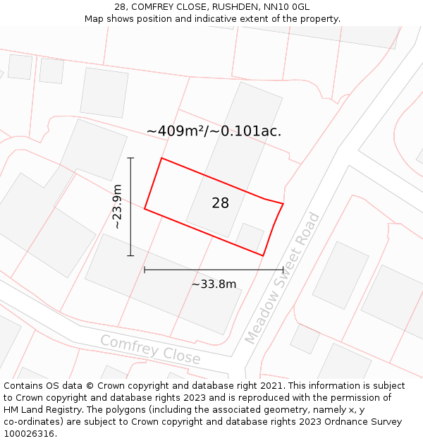 28, COMFREY CLOSE, RUSHDEN, NN10 0GL: Plot and title map
