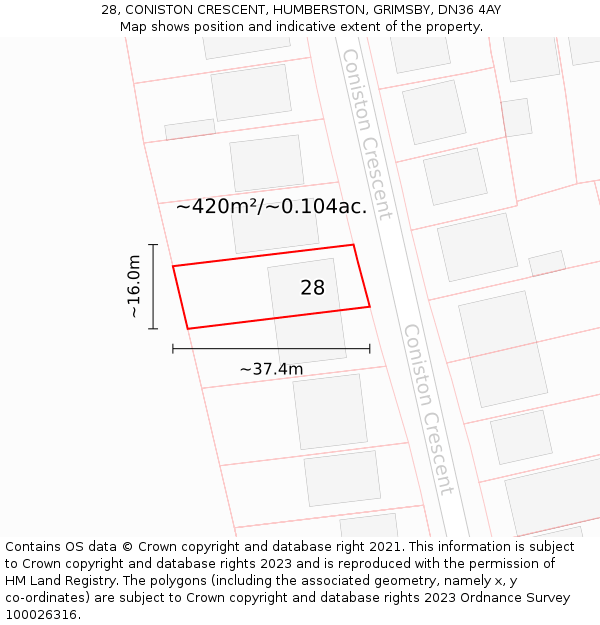 28, CONISTON CRESCENT, HUMBERSTON, GRIMSBY, DN36 4AY: Plot and title map