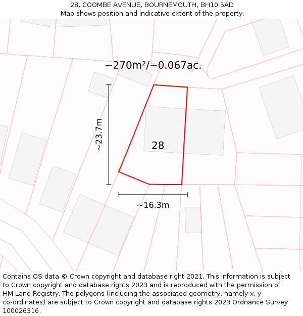 28, COOMBE AVENUE, BOURNEMOUTH, BH10 5AD: Plot and title map