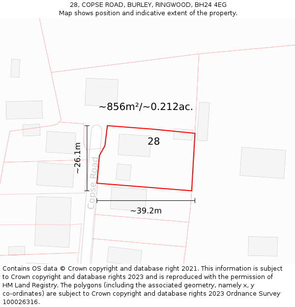 28, COPSE ROAD, BURLEY, RINGWOOD, BH24 4EG: Plot and title map