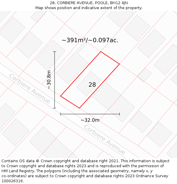 28, CORBIERE AVENUE, POOLE, BH12 4JN: Plot and title map