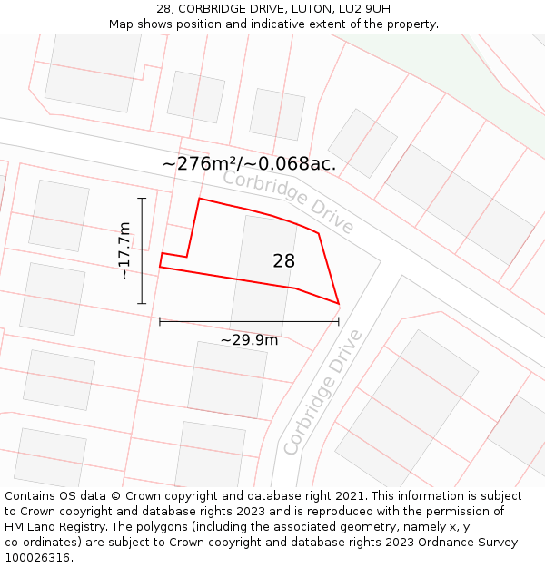 28, CORBRIDGE DRIVE, LUTON, LU2 9UH: Plot and title map