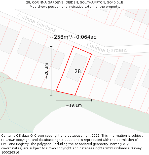 28, CORINNA GARDENS, DIBDEN, SOUTHAMPTON, SO45 5UB: Plot and title map