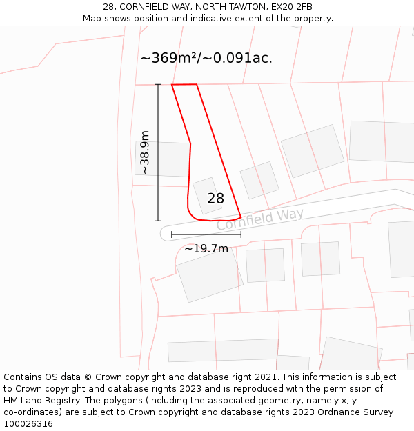 28, CORNFIELD WAY, NORTH TAWTON, EX20 2FB: Plot and title map