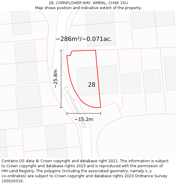 28, CORNFLOWER WAY, WIRRAL, CH46 1SU: Plot and title map