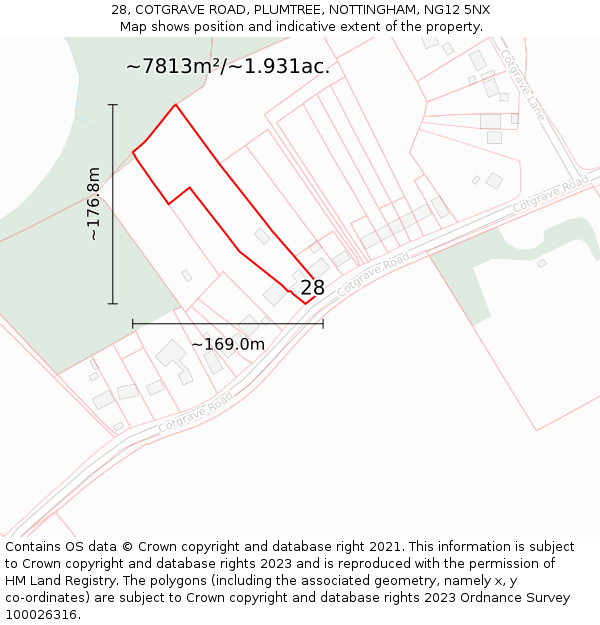 28, COTGRAVE ROAD, PLUMTREE, NOTTINGHAM, NG12 5NX: Plot and title map