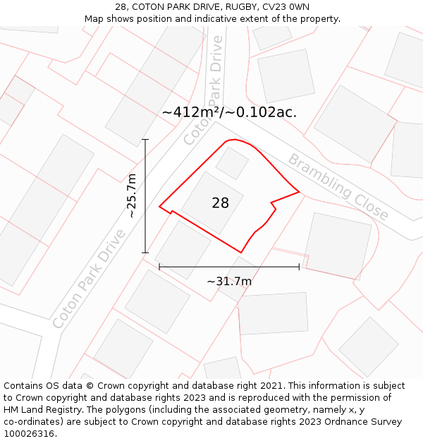 28, COTON PARK DRIVE, RUGBY, CV23 0WN: Plot and title map