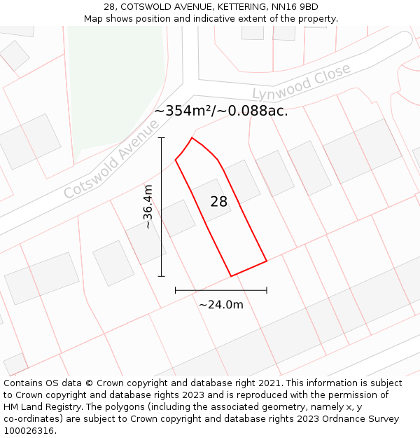 28, COTSWOLD AVENUE, KETTERING, NN16 9BD: Plot and title map