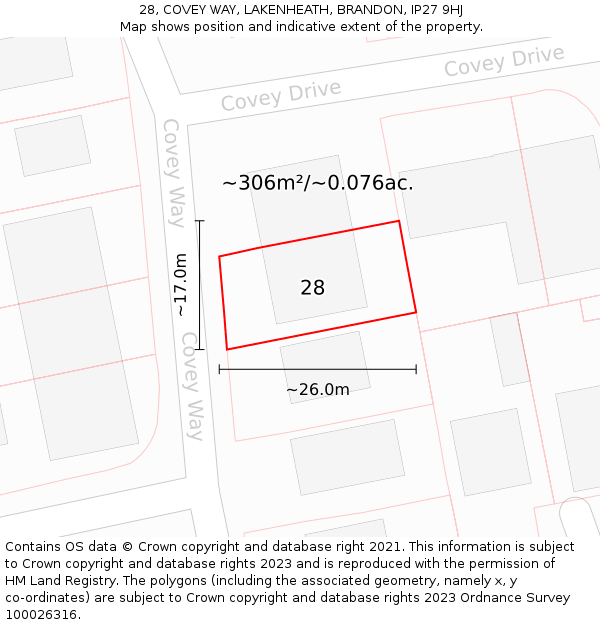 28, COVEY WAY, LAKENHEATH, BRANDON, IP27 9HJ: Plot and title map