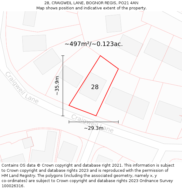 28, CRAIGWEIL LANE, BOGNOR REGIS, PO21 4AN: Plot and title map