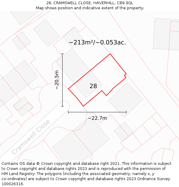 28, CRAMSWELL CLOSE, HAVERHILL, CB9 9QL: Plot and title map