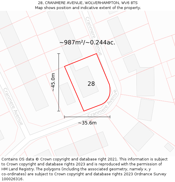 28, CRANMERE AVENUE, WOLVERHAMPTON, WV6 8TS: Plot and title map