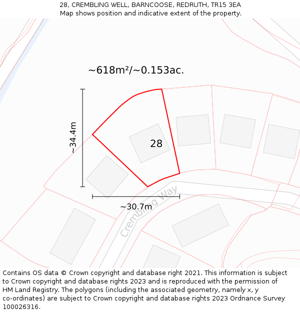 28, CREMBLING WELL, BARNCOOSE, REDRUTH, TR15 3EA: Plot and title map