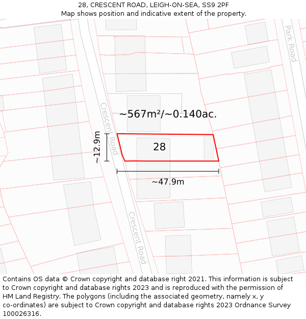 28, CRESCENT ROAD, LEIGH-ON-SEA, SS9 2PF: Plot and title map