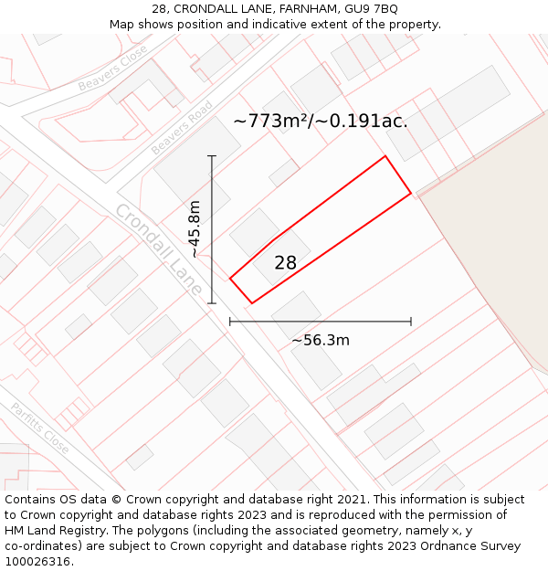 28, CRONDALL LANE, FARNHAM, GU9 7BQ: Plot and title map