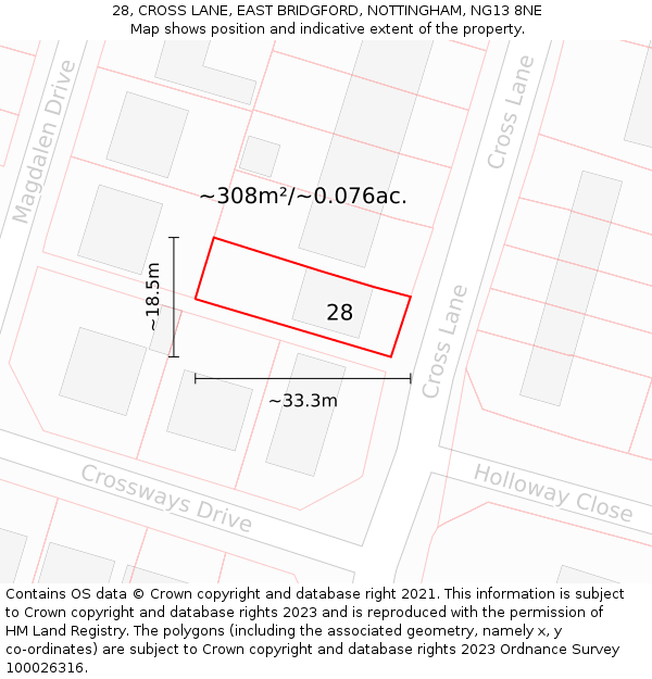 28, CROSS LANE, EAST BRIDGFORD, NOTTINGHAM, NG13 8NE: Plot and title map