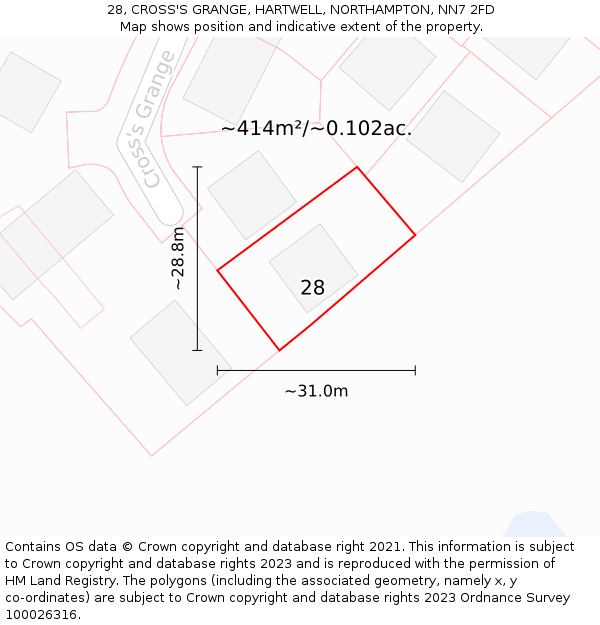 28, CROSS'S GRANGE, HARTWELL, NORTHAMPTON, NN7 2FD: Plot and title map