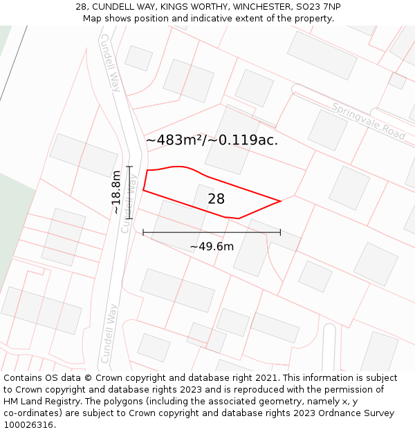 28, CUNDELL WAY, KINGS WORTHY, WINCHESTER, SO23 7NP: Plot and title map