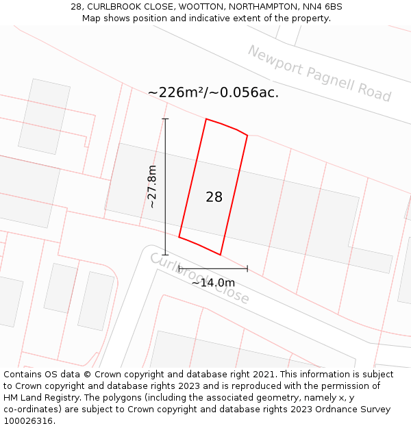 28, CURLBROOK CLOSE, WOOTTON, NORTHAMPTON, NN4 6BS: Plot and title map