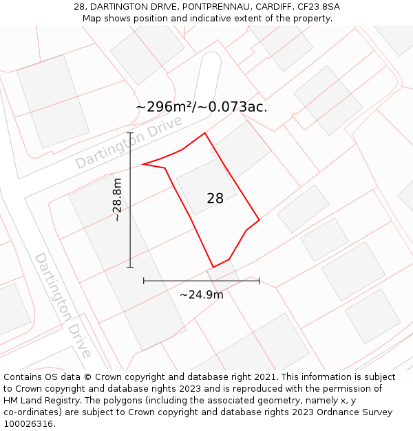 28, DARTINGTON DRIVE, PONTPRENNAU, CARDIFF, CF23 8SA: Plot and title map