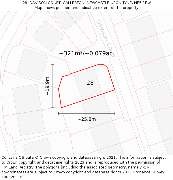 28, DAVISON COURT, CALLERTON, NEWCASTLE UPON TYNE, NE5 1BW: Plot and title map