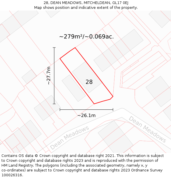 28, DEAN MEADOWS, MITCHELDEAN, GL17 0EJ: Plot and title map