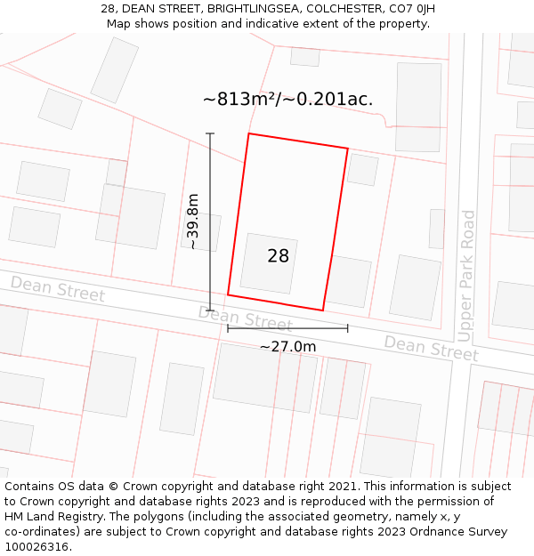 28, DEAN STREET, BRIGHTLINGSEA, COLCHESTER, CO7 0JH: Plot and title map