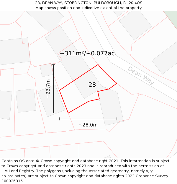 28, DEAN WAY, STORRINGTON, PULBOROUGH, RH20 4QS: Plot and title map