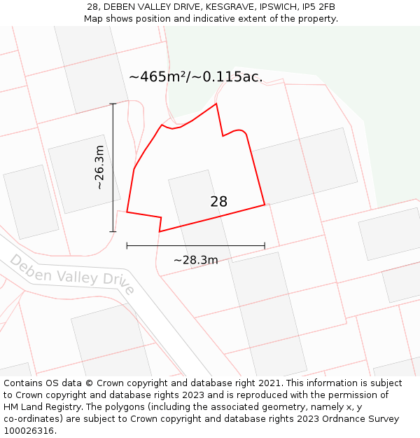 28, DEBEN VALLEY DRIVE, KESGRAVE, IPSWICH, IP5 2FB: Plot and title map