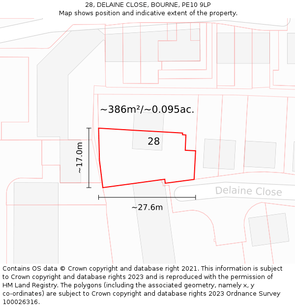 28, DELAINE CLOSE, BOURNE, PE10 9LP: Plot and title map