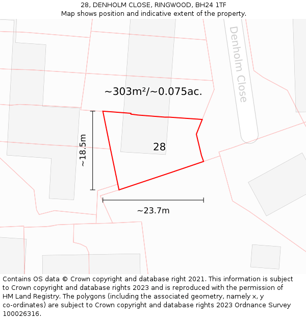 28, DENHOLM CLOSE, RINGWOOD, BH24 1TF: Plot and title map