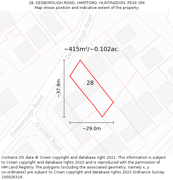 28, DESBOROUGH ROAD, HARTFORD, HUNTINGDON, PE29 1RX: Plot and title map