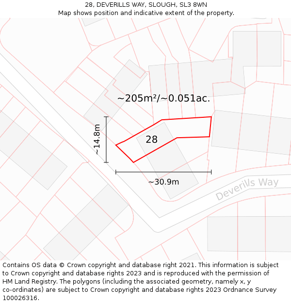 28, DEVERILLS WAY, SLOUGH, SL3 8WN: Plot and title map