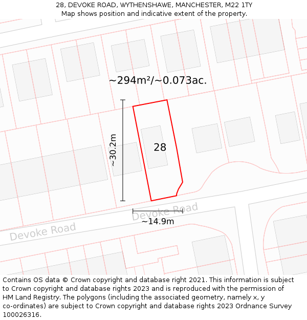 28, DEVOKE ROAD, WYTHENSHAWE, MANCHESTER, M22 1TY: Plot and title map