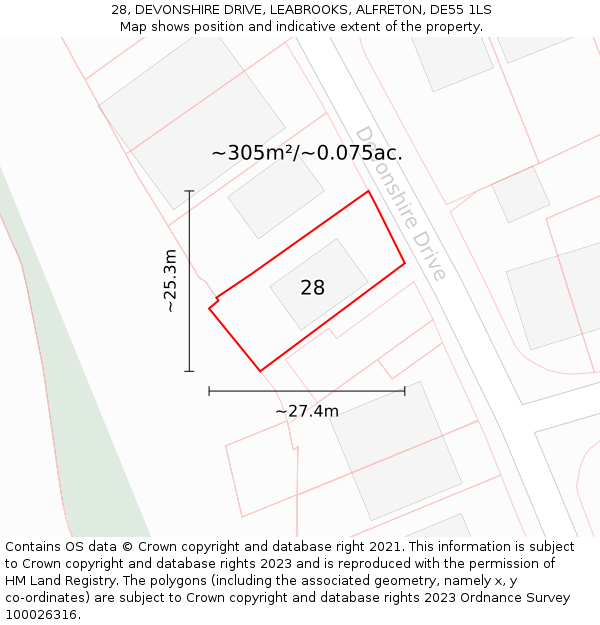 28, DEVONSHIRE DRIVE, LEABROOKS, ALFRETON, DE55 1LS: Plot and title map