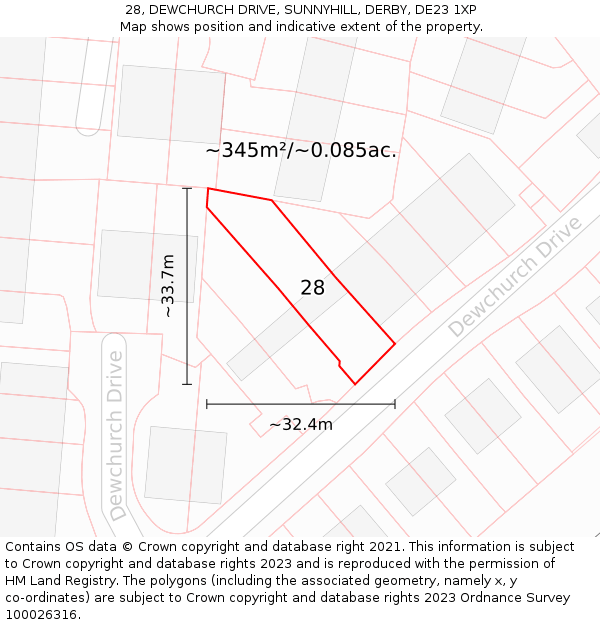 28, DEWCHURCH DRIVE, SUNNYHILL, DERBY, DE23 1XP: Plot and title map