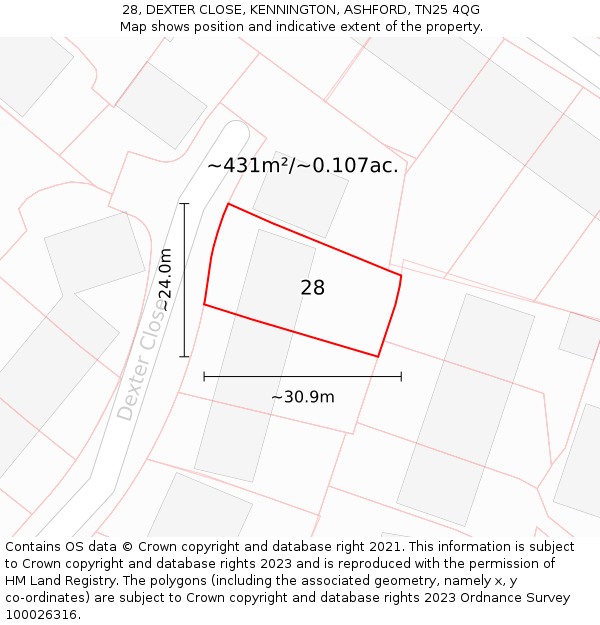 28, DEXTER CLOSE, KENNINGTON, ASHFORD, TN25 4QG: Plot and title map