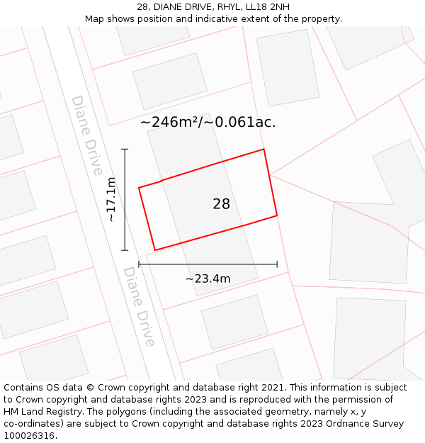 28, DIANE DRIVE, RHYL, LL18 2NH: Plot and title map