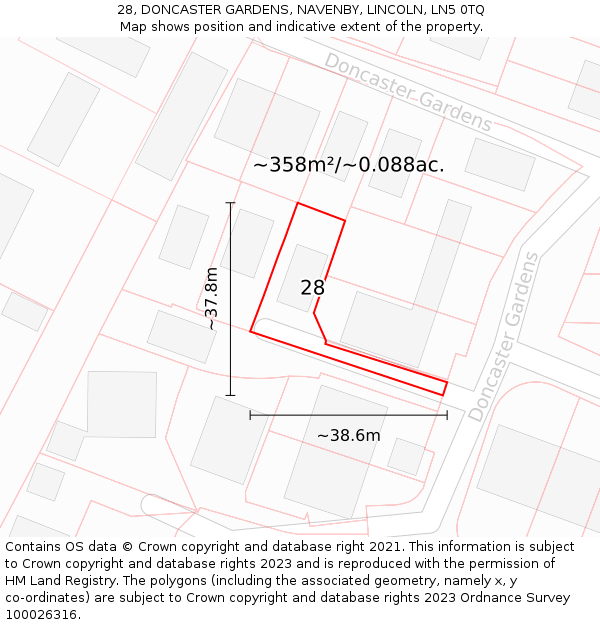 28, DONCASTER GARDENS, NAVENBY, LINCOLN, LN5 0TQ: Plot and title map