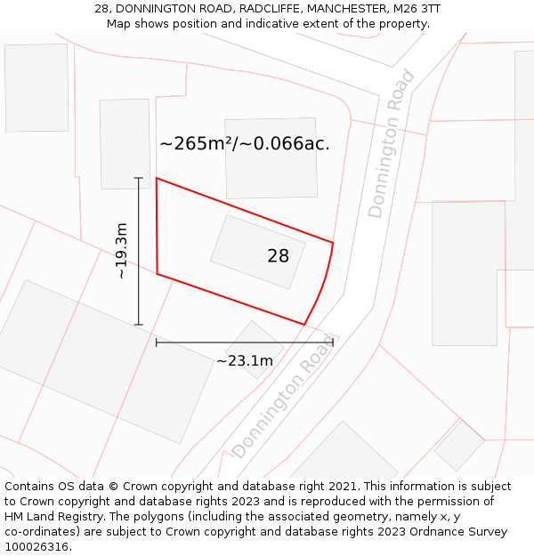 28, DONNINGTON ROAD, RADCLIFFE, MANCHESTER, M26 3TT: Plot and title map