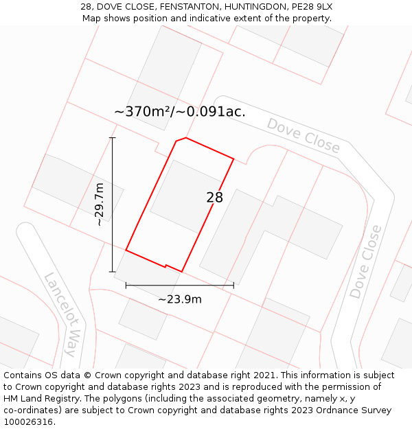 28, DOVE CLOSE, FENSTANTON, HUNTINGDON, PE28 9LX: Plot and title map