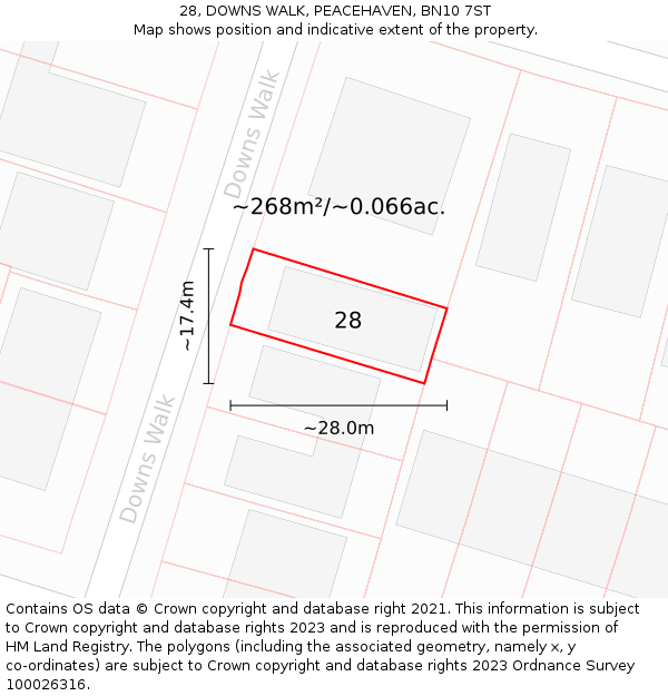 28, DOWNS WALK, PEACEHAVEN, BN10 7ST: Plot and title map