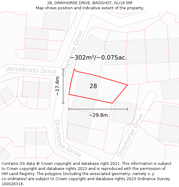 28, DRAYHORSE DRIVE, BAGSHOT, GU19 5RF: Plot and title map