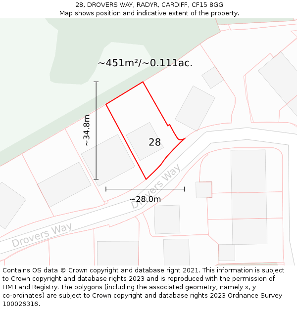 28, DROVERS WAY, RADYR, CARDIFF, CF15 8GG: Plot and title map