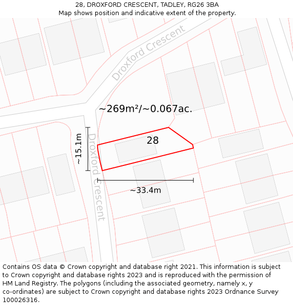 28, DROXFORD CRESCENT, TADLEY, RG26 3BA: Plot and title map